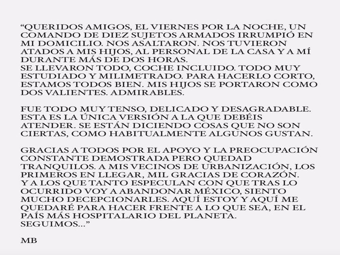 Miguel Bosé confirma que 10 sujetos armados lo asaltaron en su casa en Ciudad de México