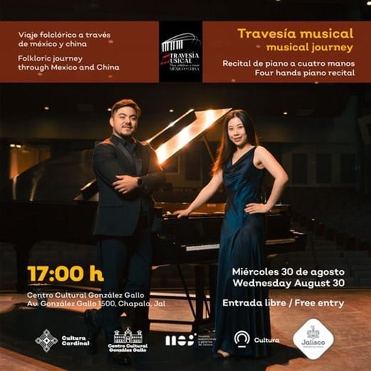 Con un “Viaje folclórico a través de México y China”, los pianistas Hangyu Bai y Efraín Daniel Ulloa se presentarán en Chapala