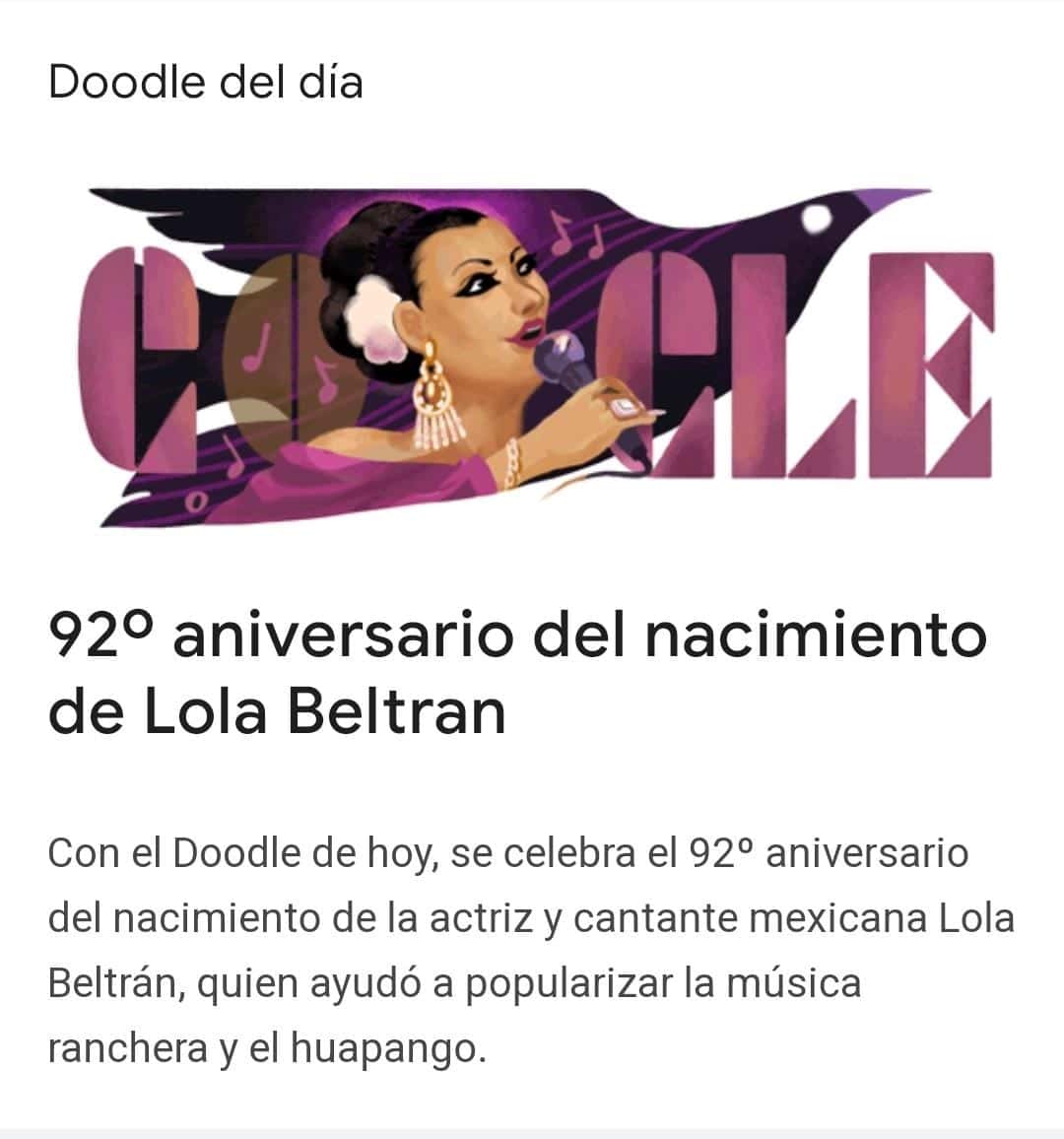 Google recuerda con un doodle el 92 aniversario del nacimiento de Lola Beltrán
