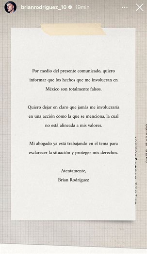 El uruguayo Brian Rodríguez niega acusación en su contra sobre presunta violación