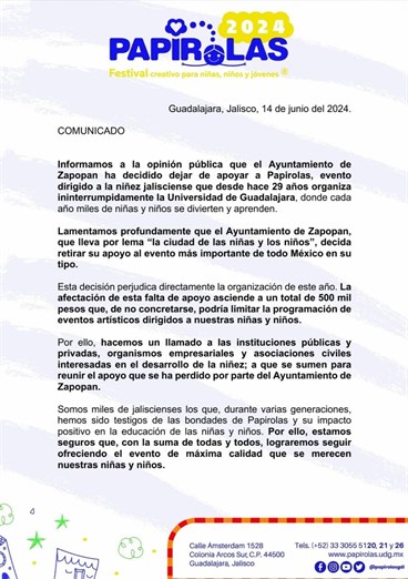 El Ayuntamiento de Zapopan, la Ciudad de las niñas y niños decide no dar recursos al principal Festival de la Niñez del estado 