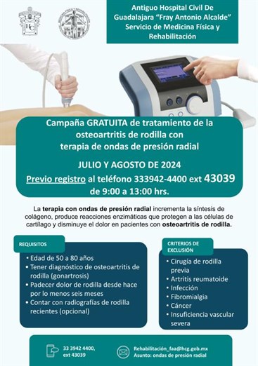 En julio y agosto, el Hospital Civil realizará campaña gratuita para el tratamiento de rodilla