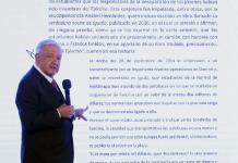 López Obrador justifica en una carta la falta de mayores avances sobre el caso Ayotzinapa