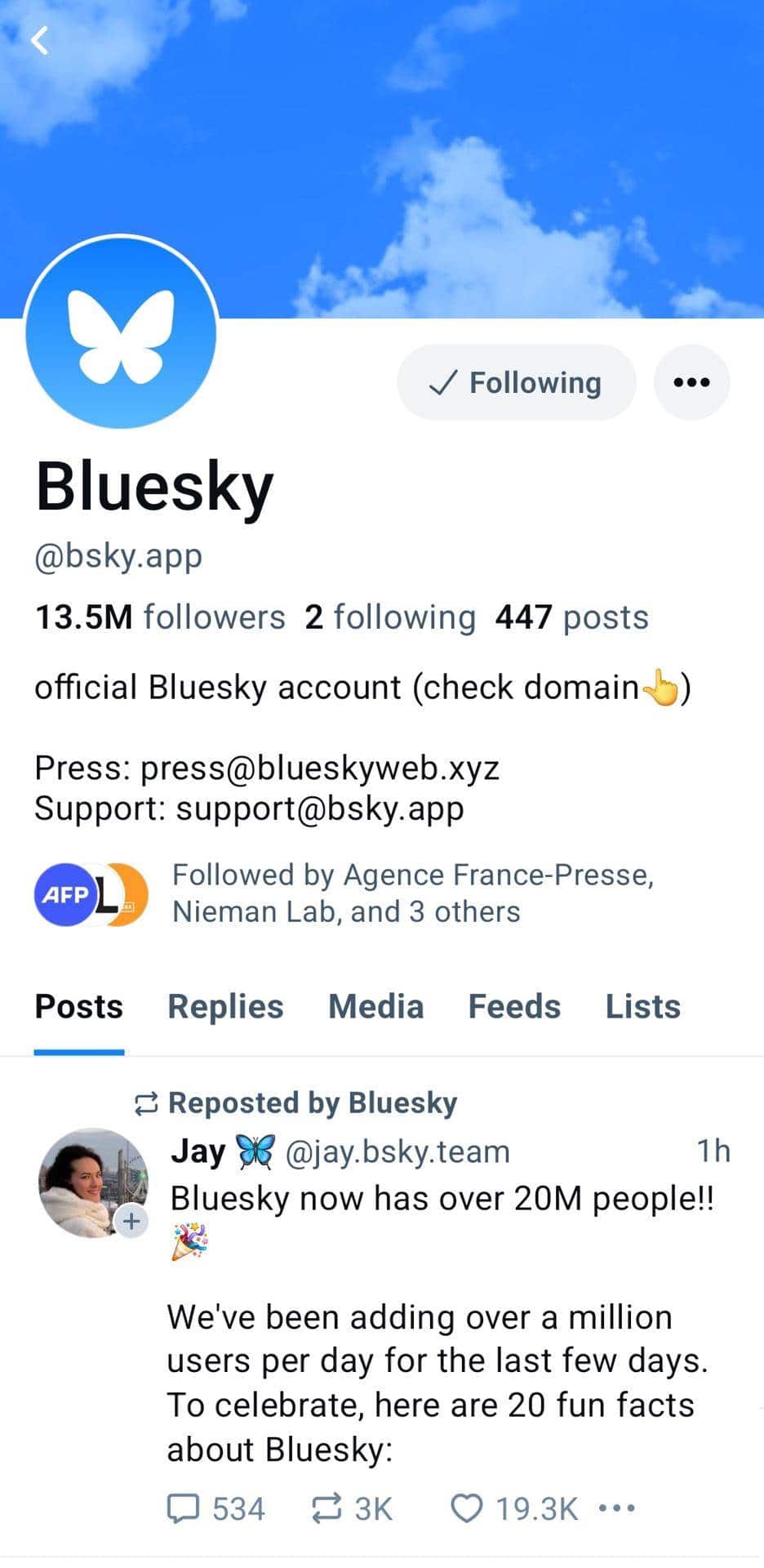 Bluesky alcanza 20 millones de usuarios y suma un millón de cuentas al día