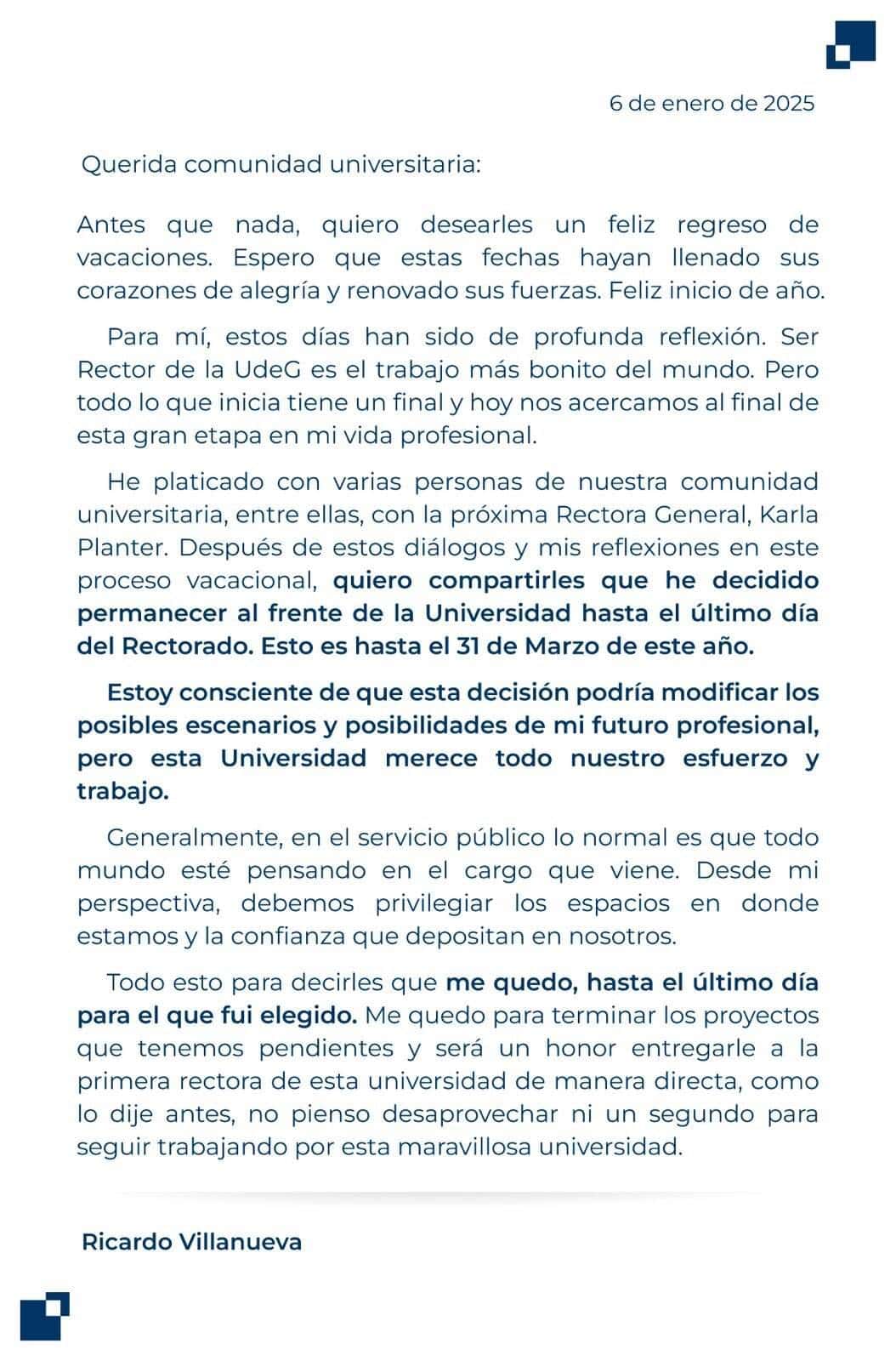 Hasta el último día de su rectorado, Ricardo Villanueva permanecerá de frente a la UdeG