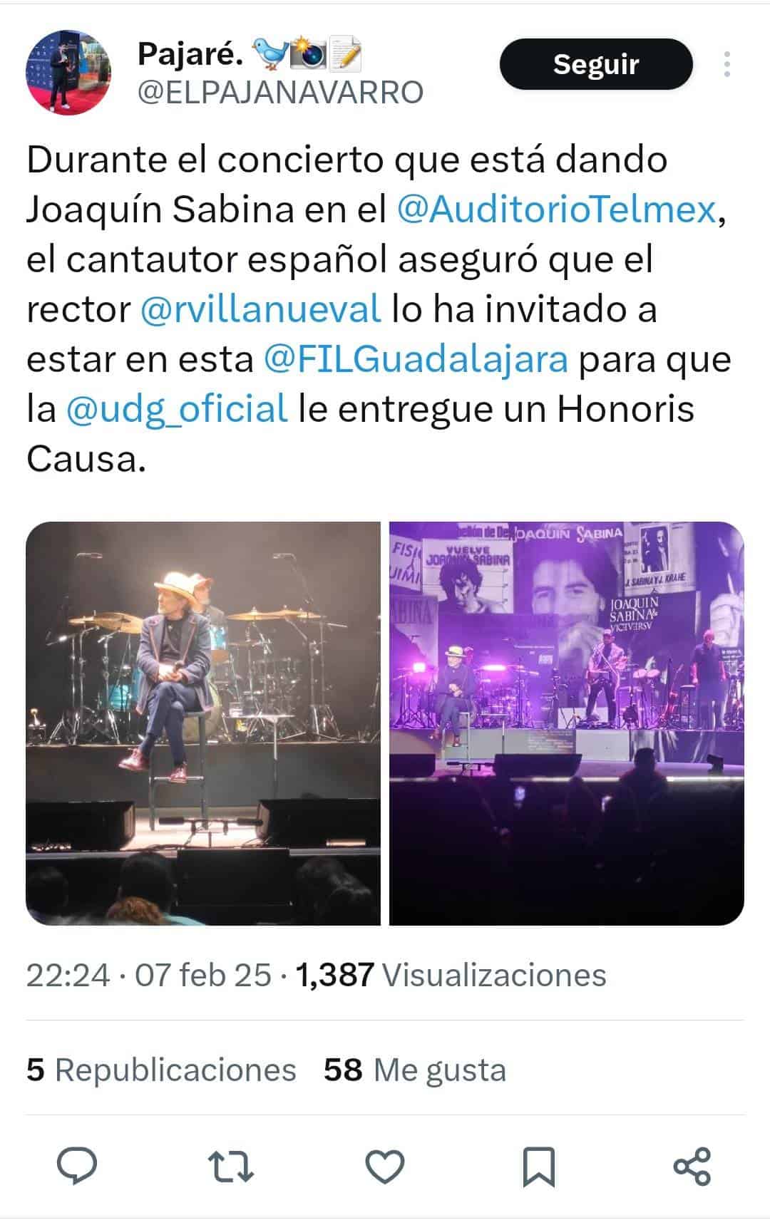 Joaquín Sabina se despide de Guadalajara y anuncia que la UdeG le otorgará un Honoris Causa en la FIL