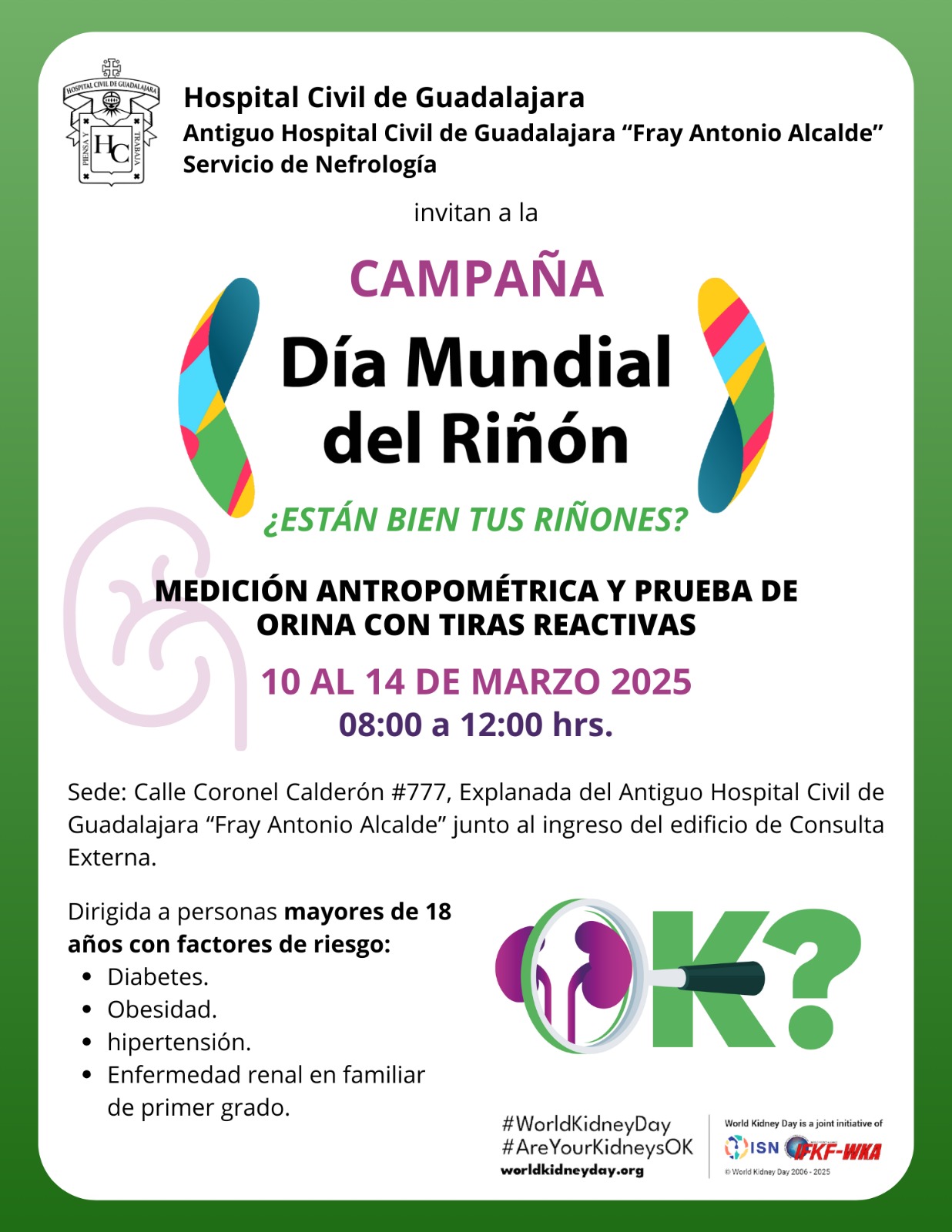 Con chequeo gratuito, el Hospital Civil invita a detectar enfermedad renal a tiempo