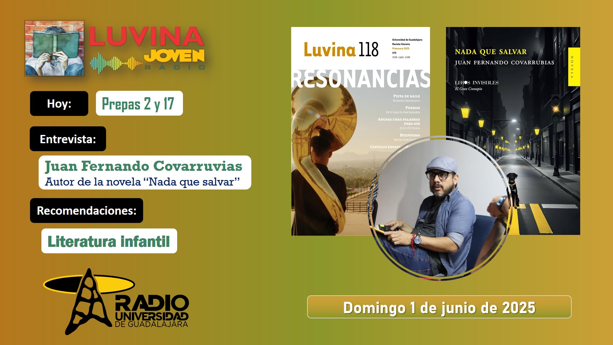 Juan Fernando Covarrubias y Nada que salvar. Prepa 2 y 17. Literatura infantil de temas serios. Luvina Joven Radio 1 junio 2025 Juan Fernando Covarrubias y Nada que salvar. Prepa 2 y 17. Literatura infantil de temas serios. Luvina Joven Radio 1 junio 2025