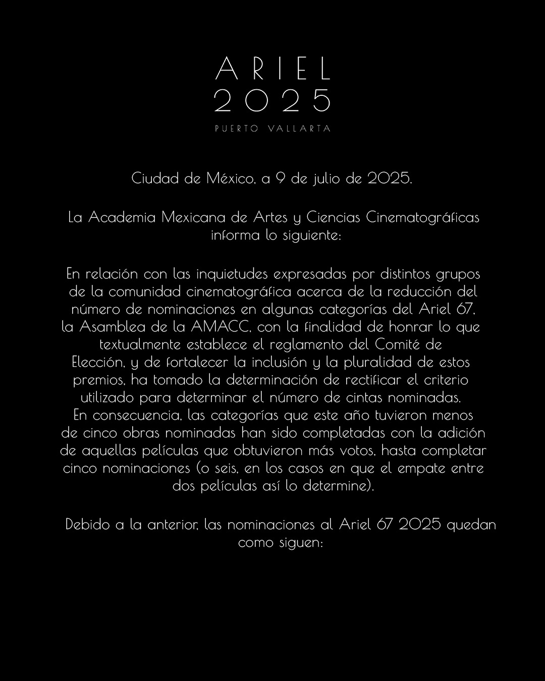 Tras reclamos del gremio, la Academia Mexicana de Cine amplía nominaciones al Ariel Tras reclamos del gremio, la Academia Mexicana de Cine amplía nominaciones al Ariel