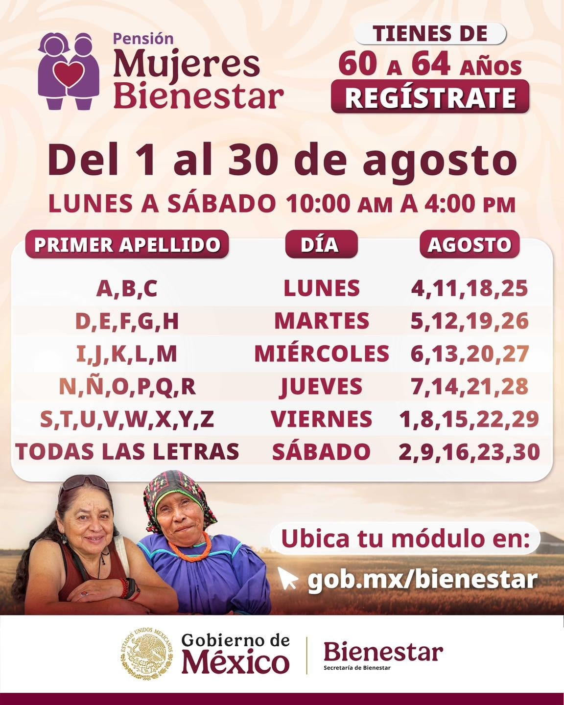 Del 1 al 30 de agosto será el registro a la pensión federal para mujeres de 60 a 64 años Del 1 al 30 de agosto será el registro a la pensión federal para mujeres de 60 a 64 años