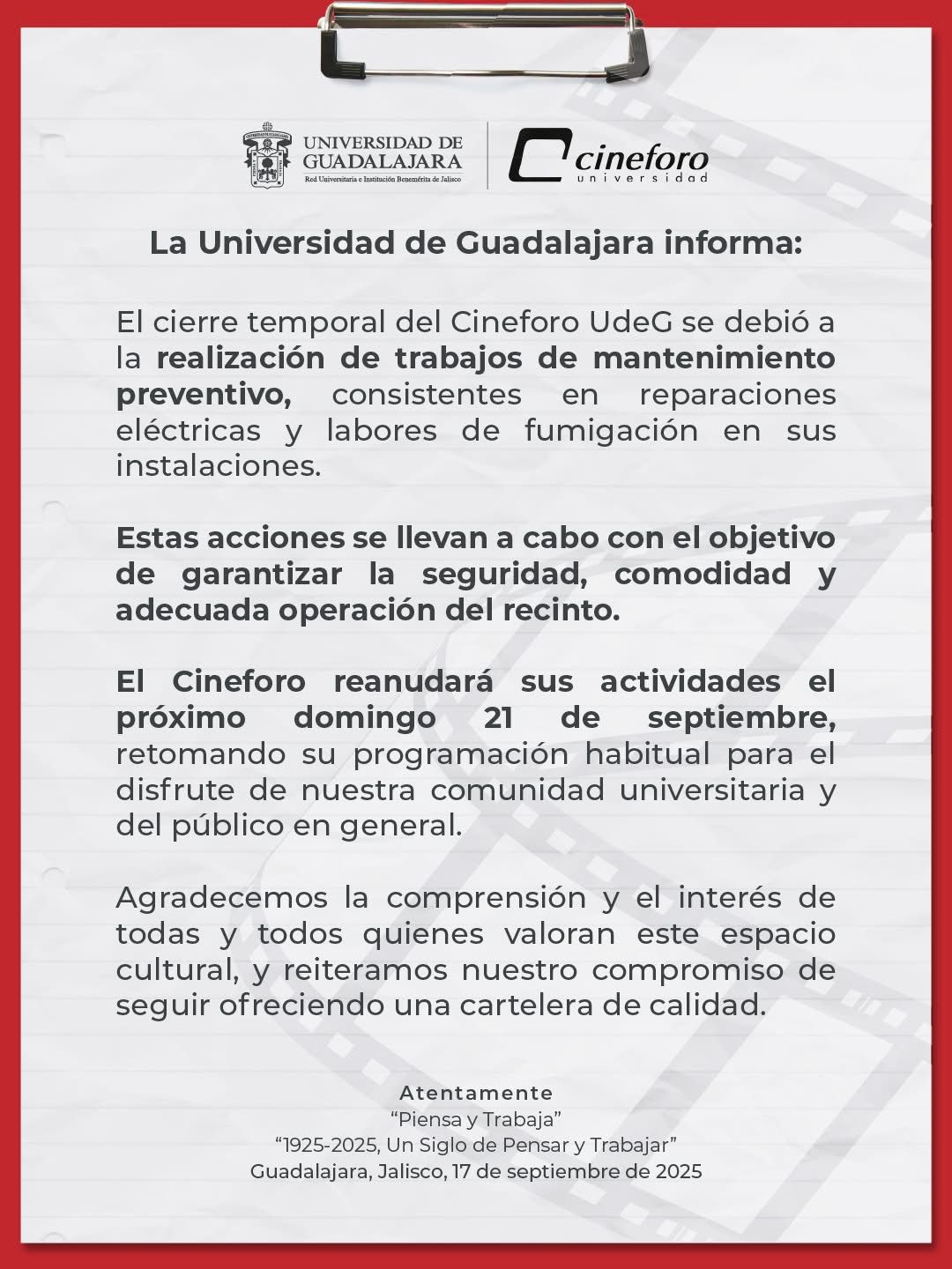 Cineforo UdeG retoma funciones este sábado tras labores de mantenimiento