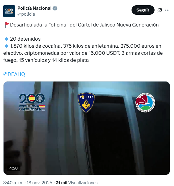 Policía española desmantela oficina del cártel Jalisco Nueva Generación en Madrid