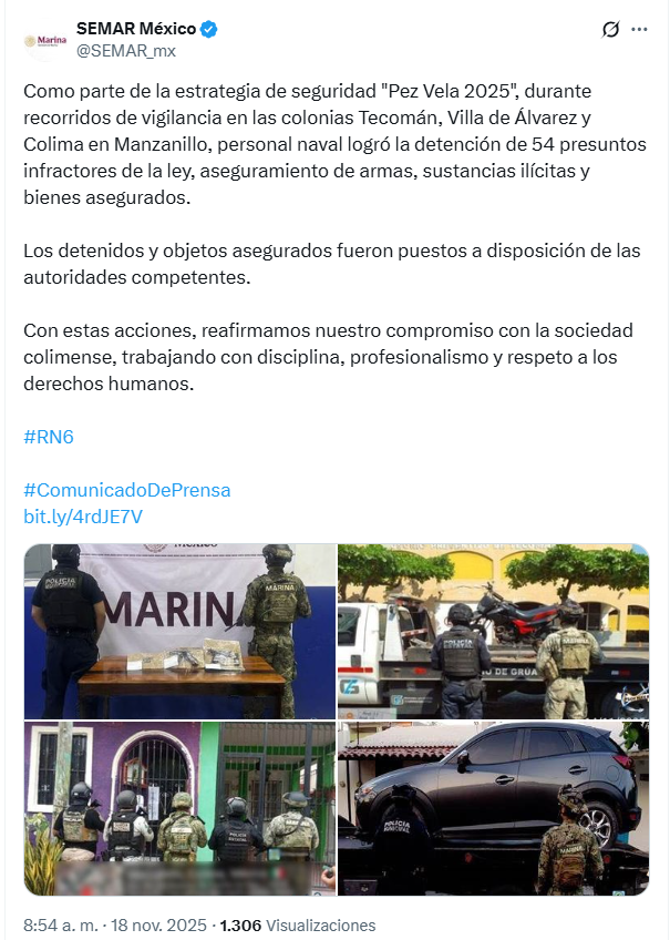 Semar detiene a 54 personas y asegura armamento en Colima Semar detiene a 54 personas y asegura armamento en Colima