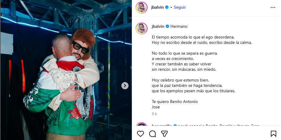 J Balvin sella en redes sociales reconciliación con Bad Bunny tras concierto en México