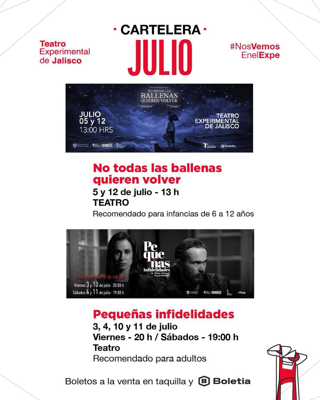 Las obras Pequeñas Infidelidades y No todas las ballenas quieren volver llegan al Teatro Experimental de Jalisco