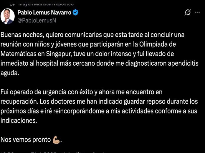 Operan de emergencia por apendicitis al gobernador Pablo Lemus; se encuentra estable y en recuperación Operan de emergencia por apendicitis al gobernador Pablo Lemus; se encuentra estable y en recuperación