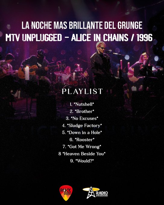 Rockologia -Ma. 07 Jul 2026 - La noche mas brillante del Grunge. 30 años del Unplugged de Alice In Chains Rockologia -Ma. 07 Jul 2026 - La noche mas brillante del Grunge. 30 años del Unplugged de Alice In Chains
