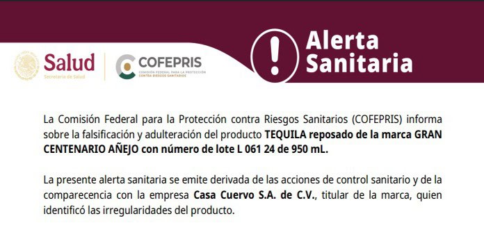 Cofepris alerta por lote adulterado de tequila Gran Centenario
