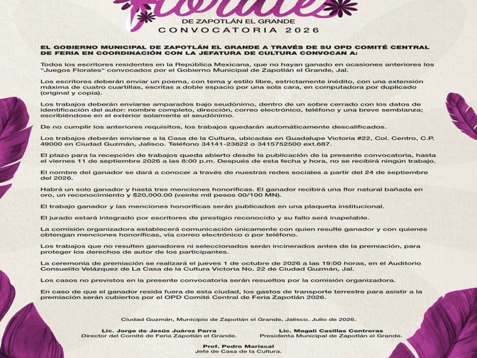 Dan a conocer la convocatoria del Concurso de Poesía Juegos Florales Zapotlán el Grande 2026.