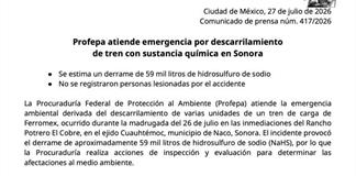 Profepa reporta descarrilamiento de tren de Grupo M&eacute;xico en Sonora