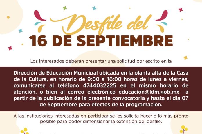 Se invita a las instituciones educativas a participar en el desfile del 16 de septiembre